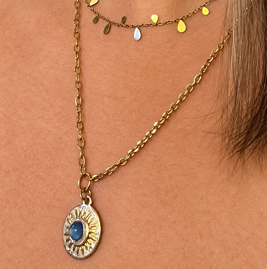 Blue Resin & Gem Sun Pendant on 18k Gold Plated Cable Chain