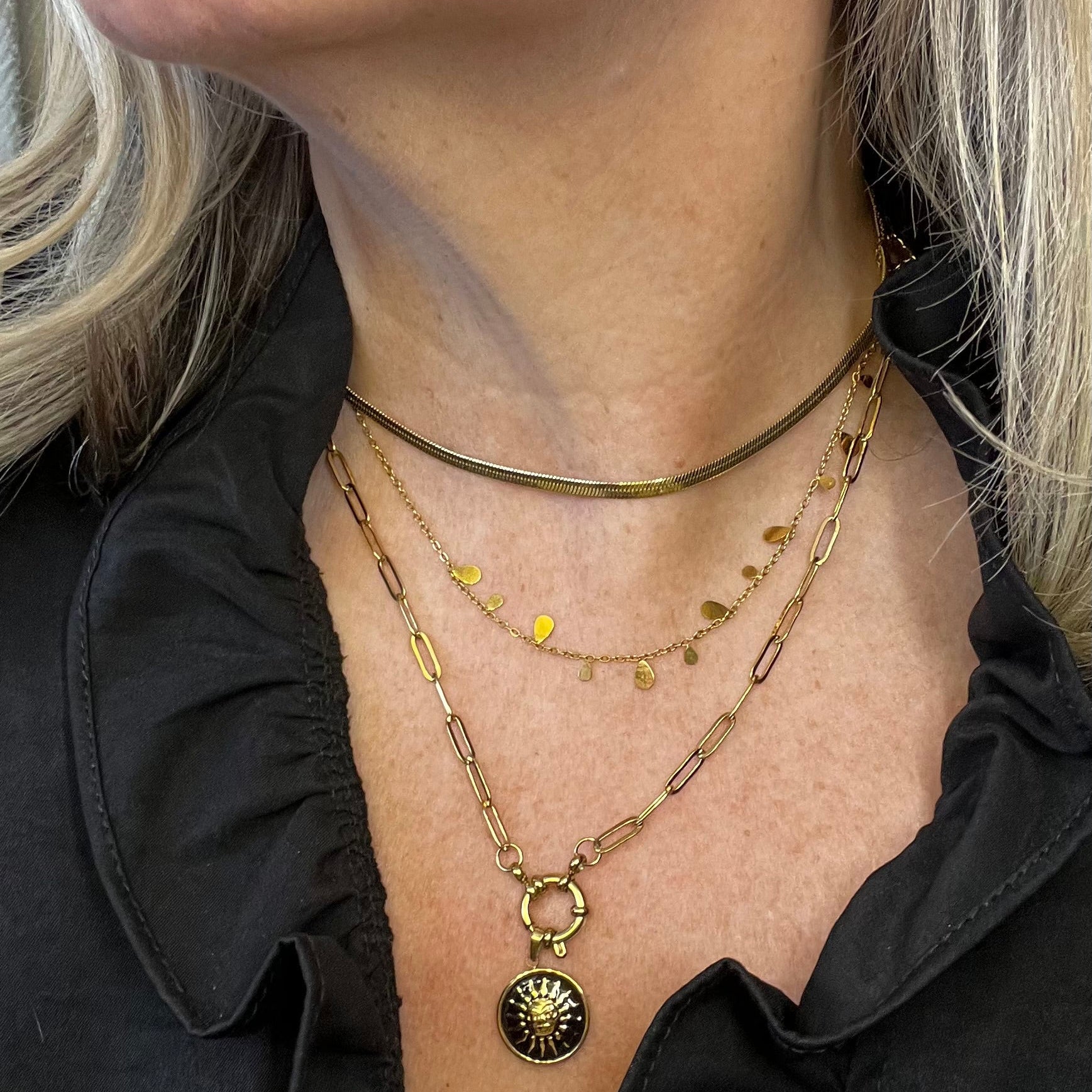 18k Gold Paperclip Necklace with Black Sunburst Pendant