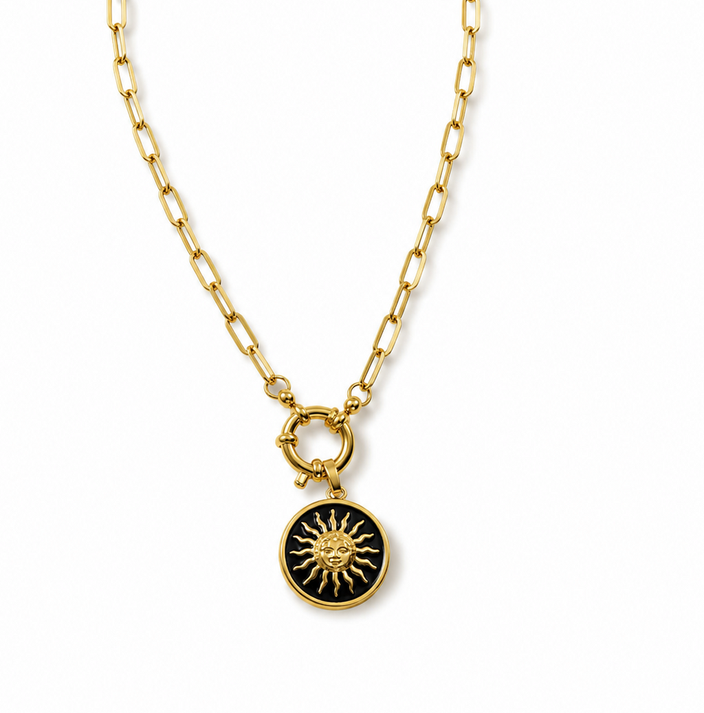 18k Gold Paperclip Necklace with Black Sunburst Pendant