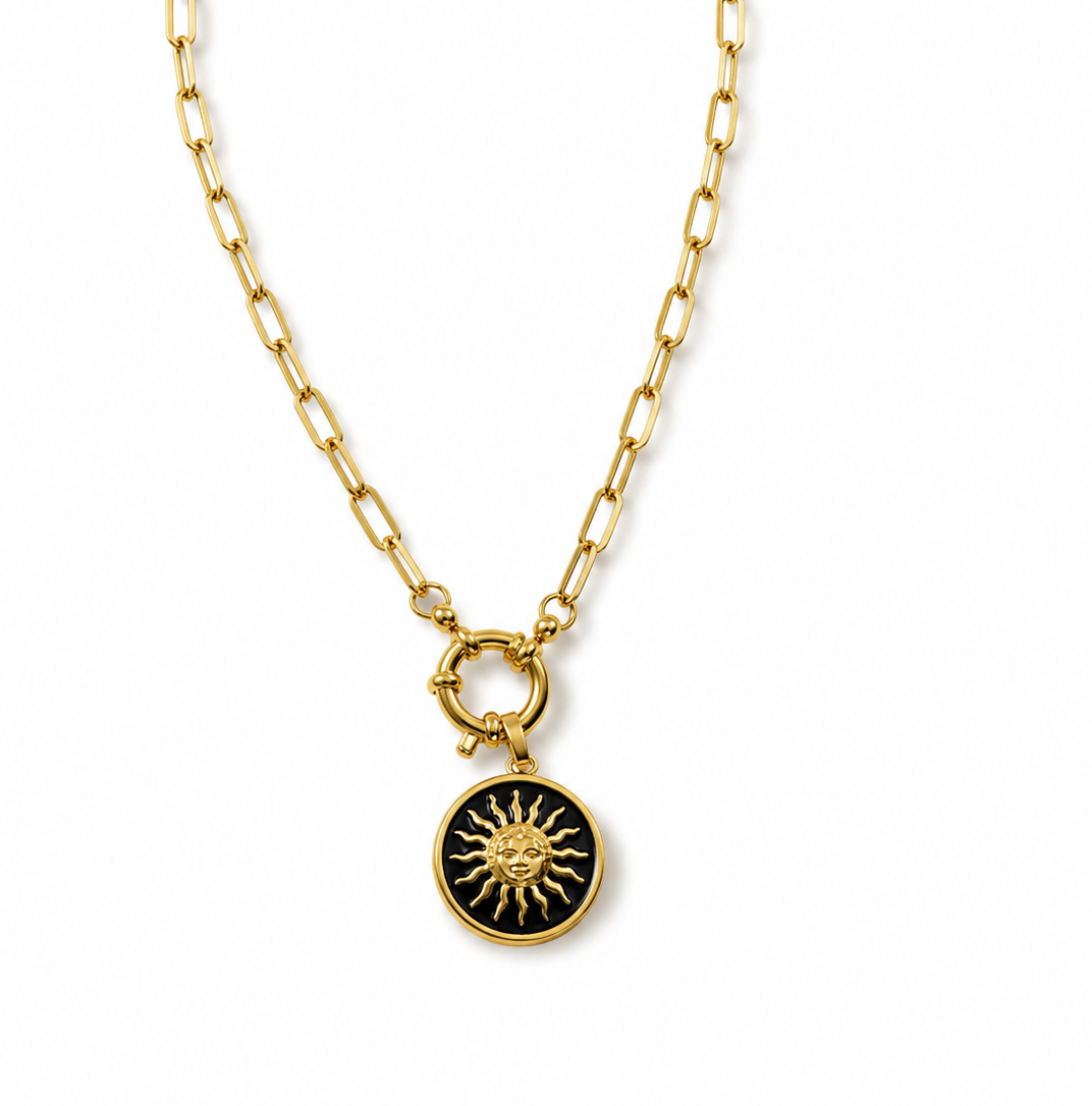 18k Gold Paperclip Necklace with Black Sunburst Pendant
