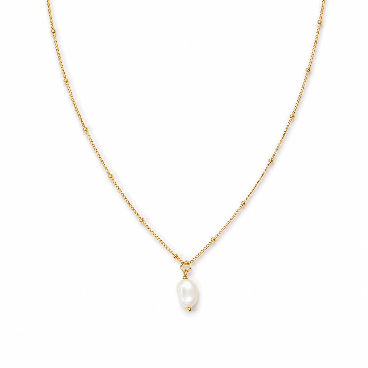 Single Freshwater Pearl Gold Beaded Chain Necklace