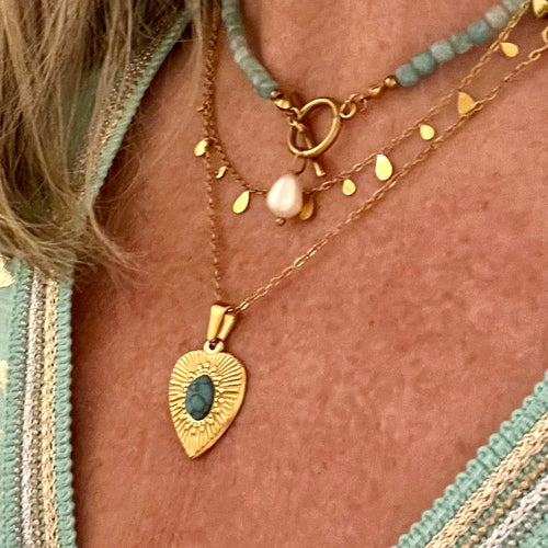18k Gold Heart and Turquoise Stone Pendant Necklace
