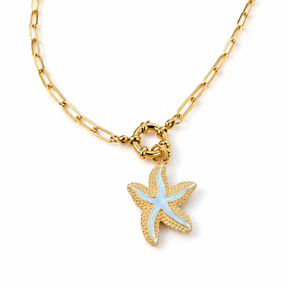 18k Gold Paperclip Necklace with White Starfish Pendant