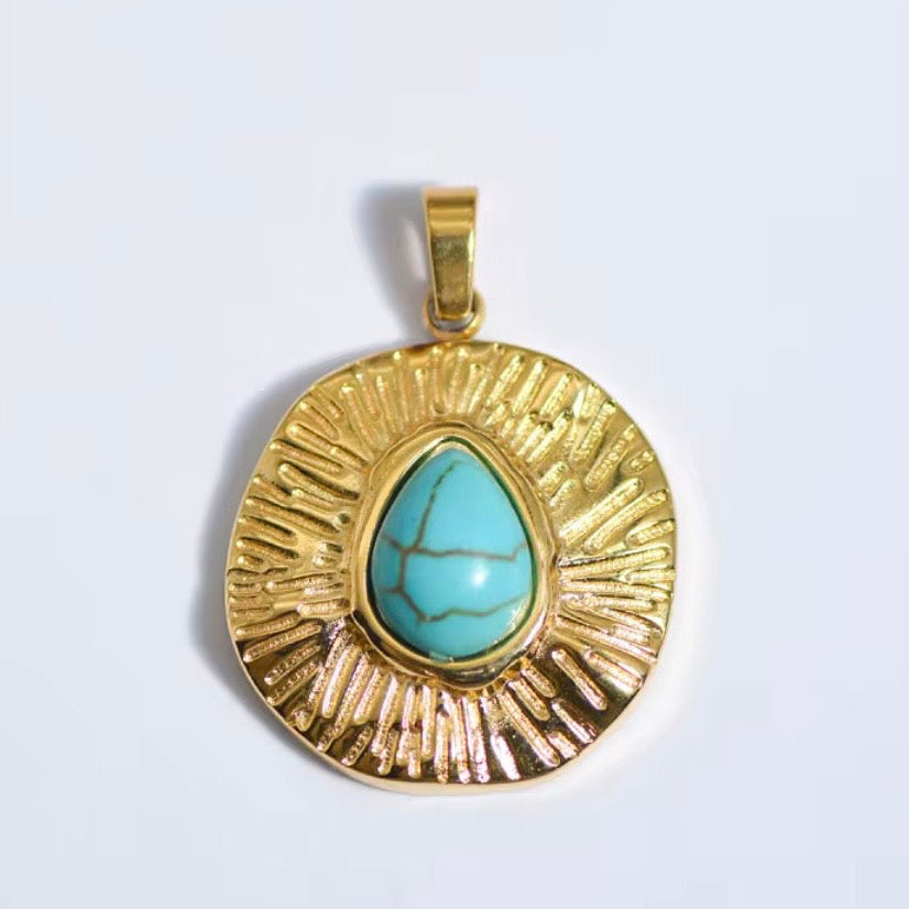 18k Gold Paperclip Necklace with Turquoise & Gold Round Pendant