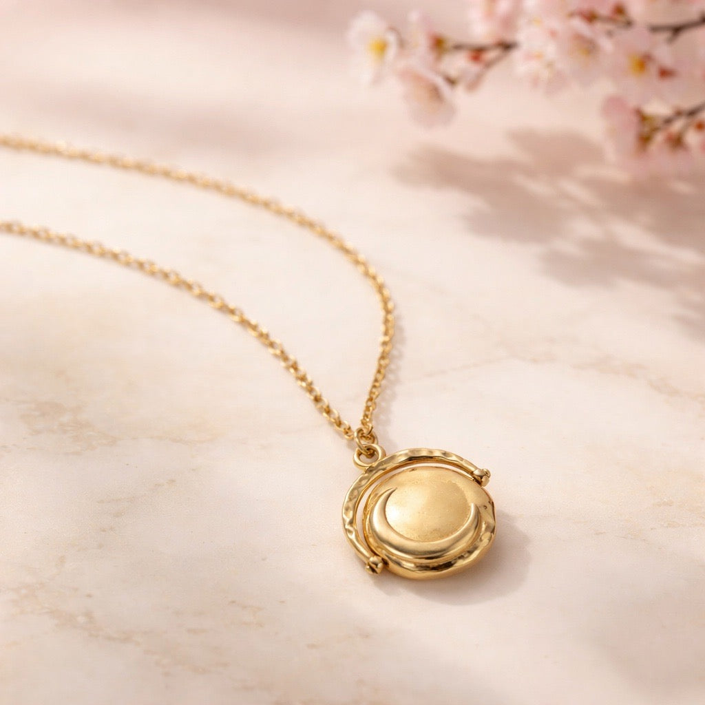 Sun & Moon 18k Gold Plated Necklace Rotatable Pendant