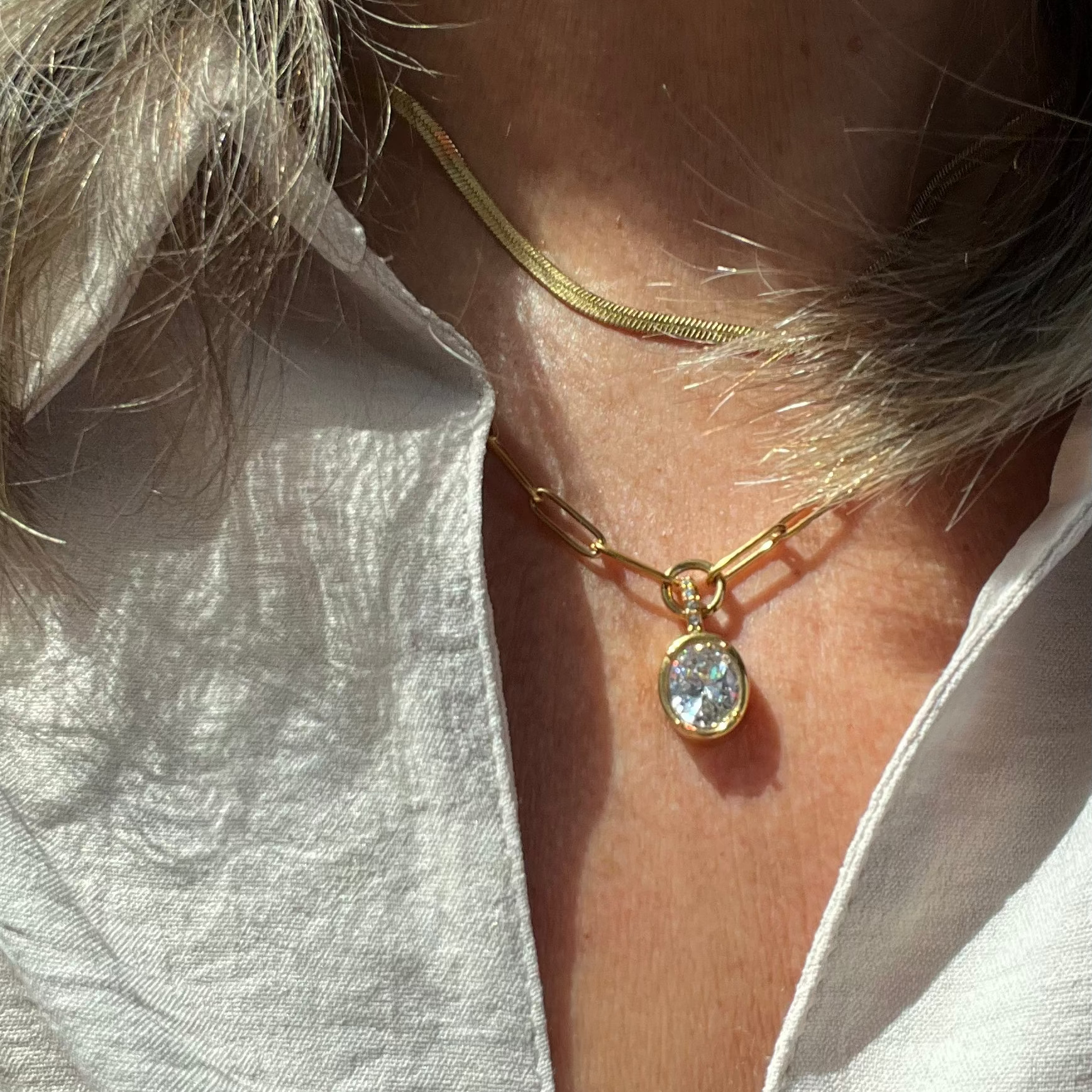 Oval Zircon Pendant on 18k Gold Paperclip Chain Necklace