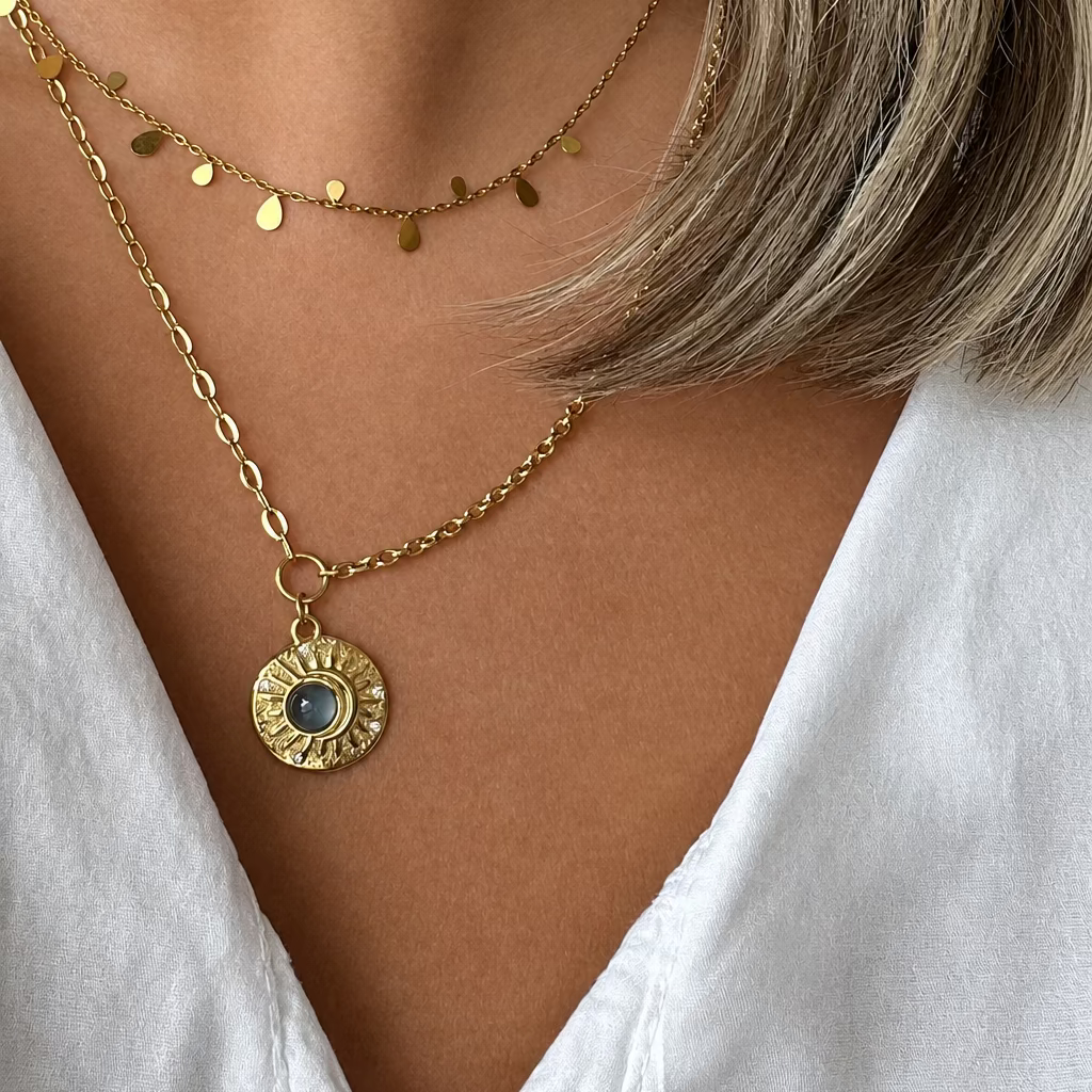 Blue Resin & Gem Sun Pendant on 18k Gold Plated Cable Chain