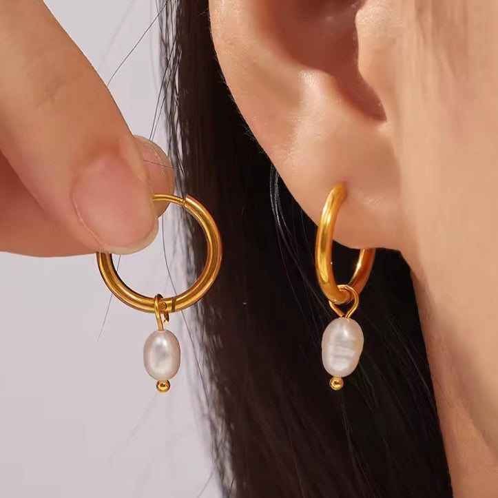 18k Gold Plated Huggie Earrings with single Freshwater Drop Pearl