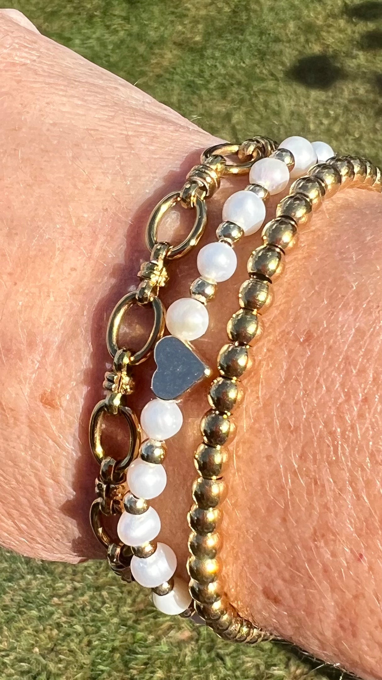 Handmade Beaded Pearl & Gold Heart Rope Bracelet