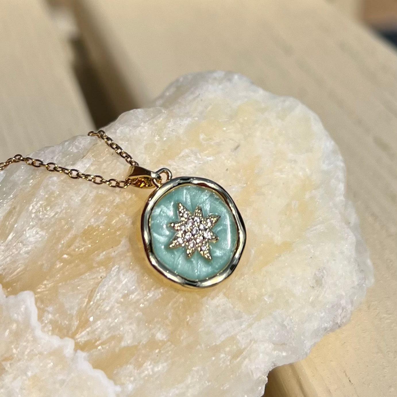 Green Enamel & Gem Star Pendant on Fine 18k Gold Plated Chain