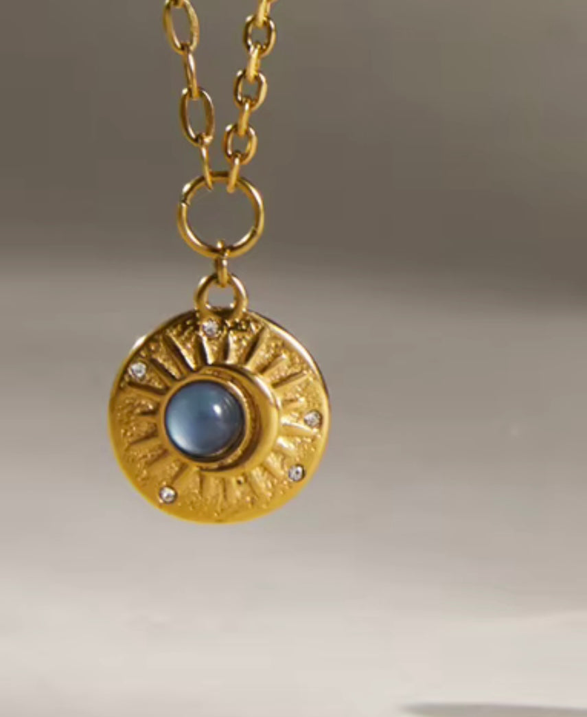Blue Resin & Gem Sun Pendant on 18k Gold Plated Cable Chain