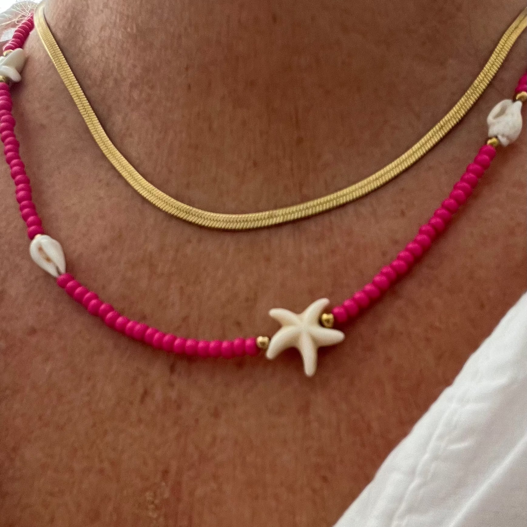 Summer Beach Bright Pink Rice Beaded and Shell Necklace