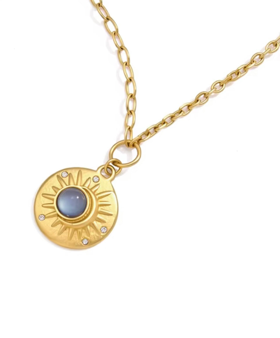 Blue Resin & Gem Sun Pendant on 18k Gold Plated Cable Chain