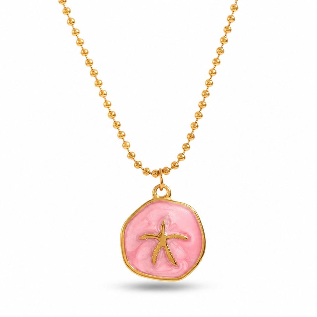 18K Gold Plated Round Pink Starfish Pendant Necklace