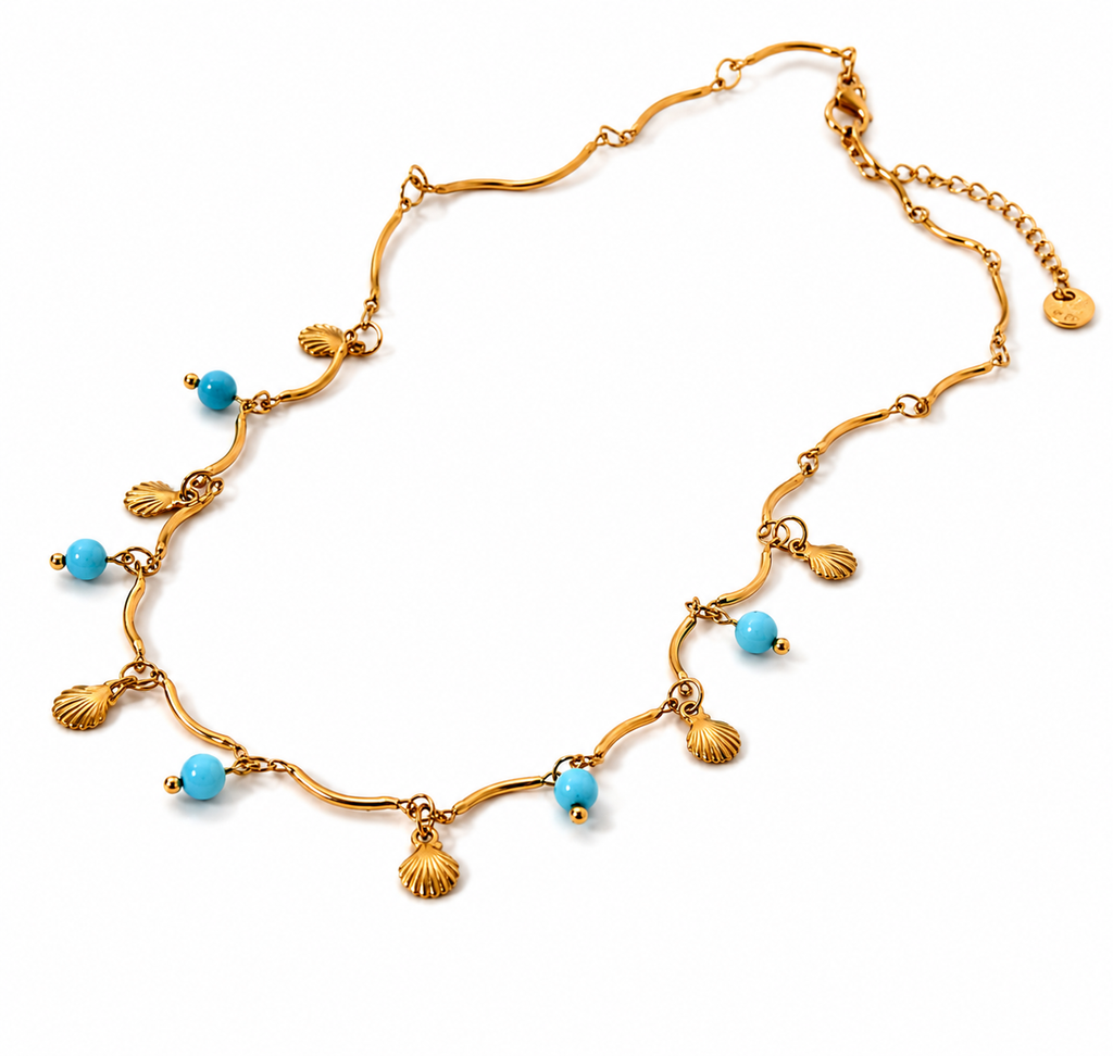 Turquoise Coloured Bead & 18K Gold Plated Shell Charm Necklace