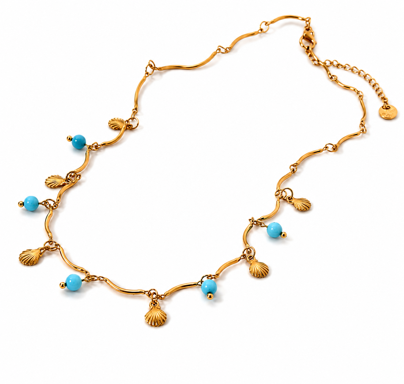 Turquoise Coloured Bead & 18K Gold Plated Shell Charm Necklace