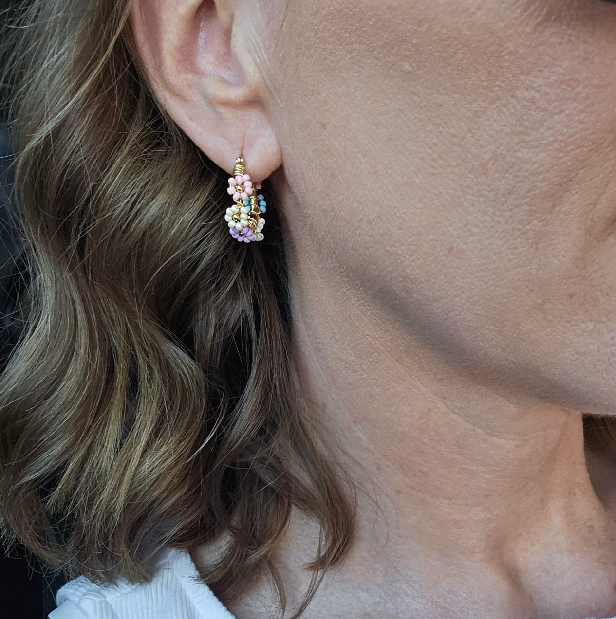 Handmade Beaded Daisy Hoop Earrings