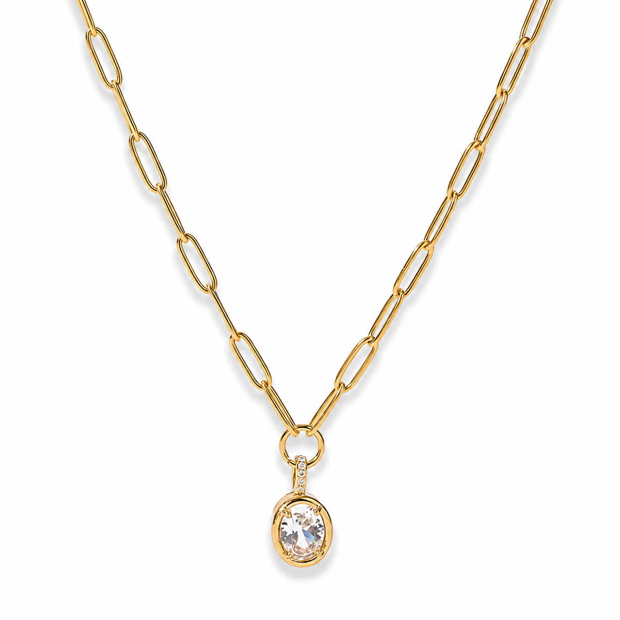 Oval Zircon Pendant on 18k Gold Paperclip Chain Necklace