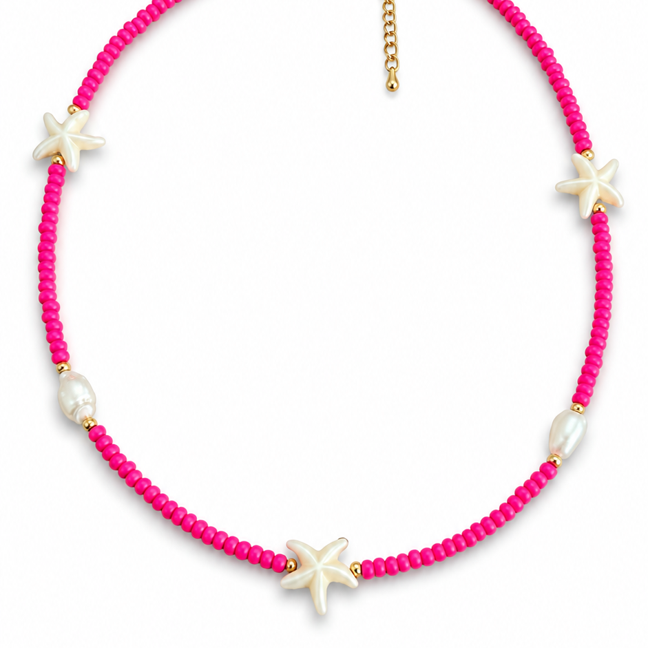 Summer Beach Bright Pink Rice Beaded and Shell Necklace