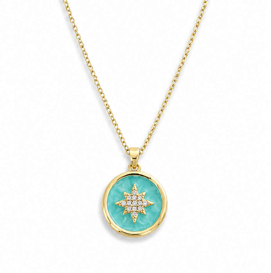 Green Enamel & Gem Star Pendant on Fine 18k Gold Plated Chain