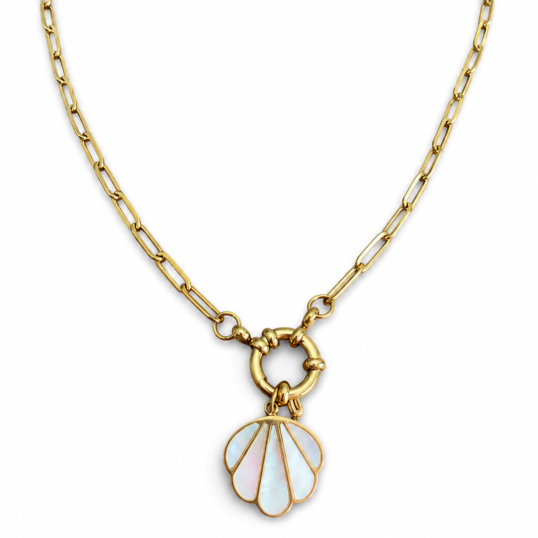 18k Gold Paperclip Necklace with Clam Shell Pendant