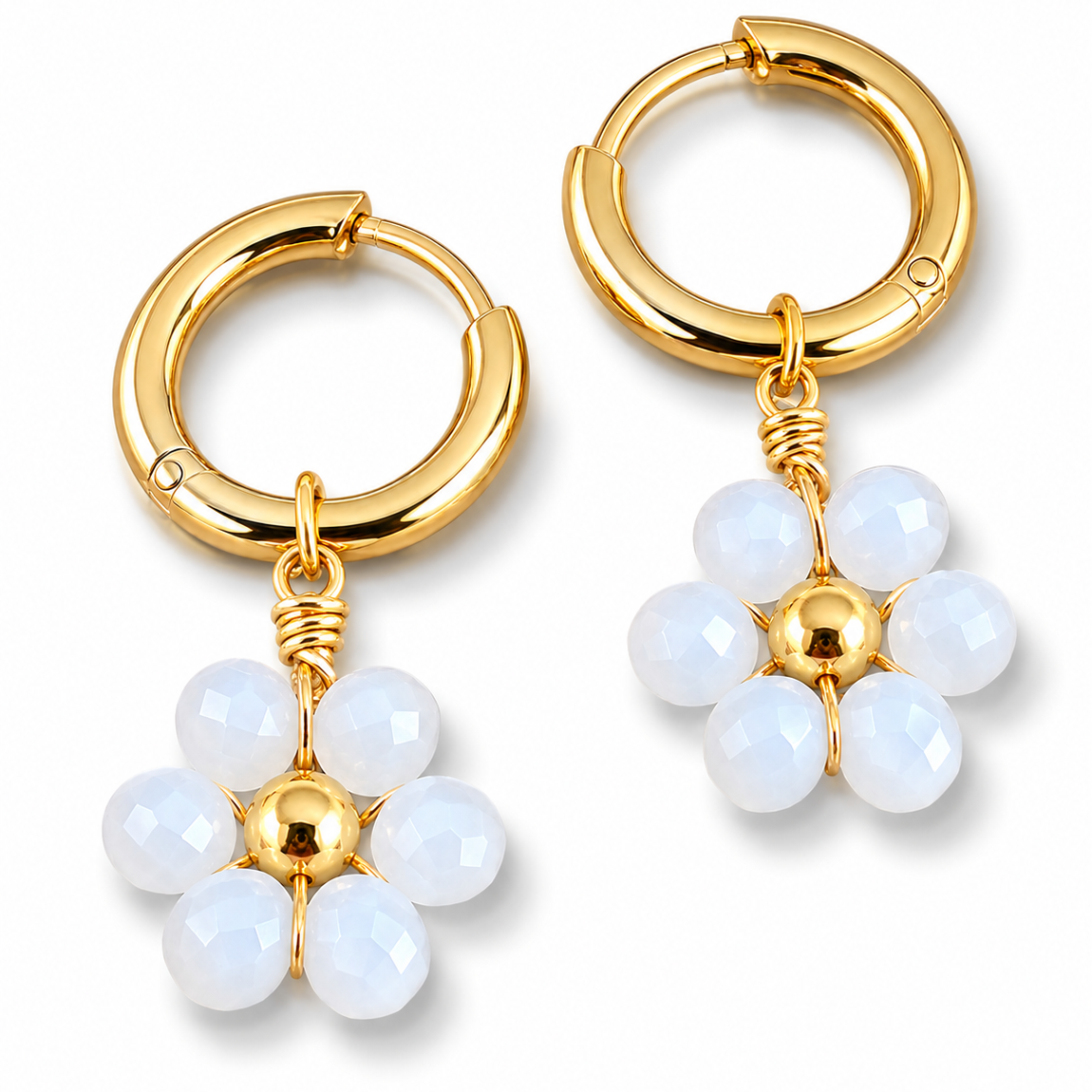 Handmade Daisy Beaded White Huggie Earrings