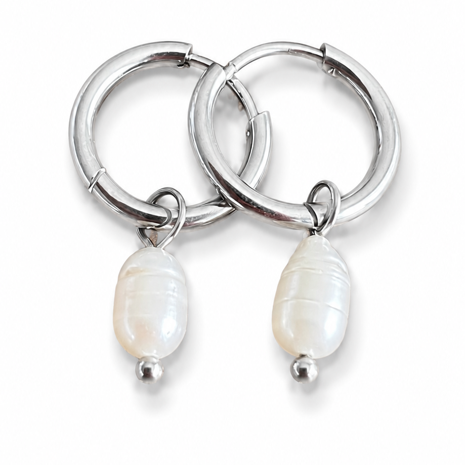 Titanium Steel Huggie Earrings with Freshwater Drop Pearl