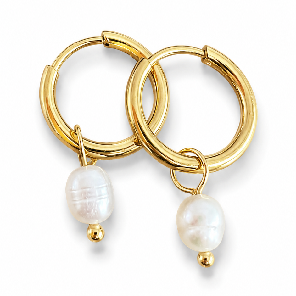 18k Gold Plated Huggie Earrings with single Freshwater Drop Pearl