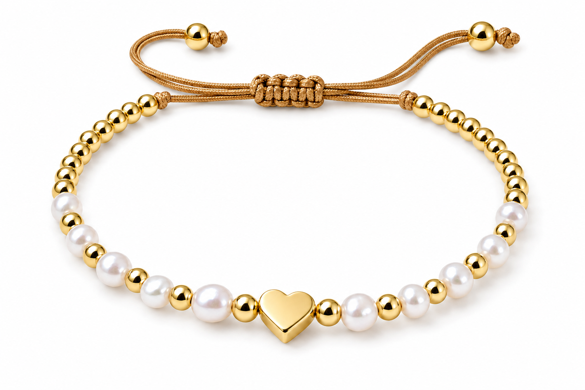 Handmade Beaded Pearl & Gold Heart Rope Bracelet