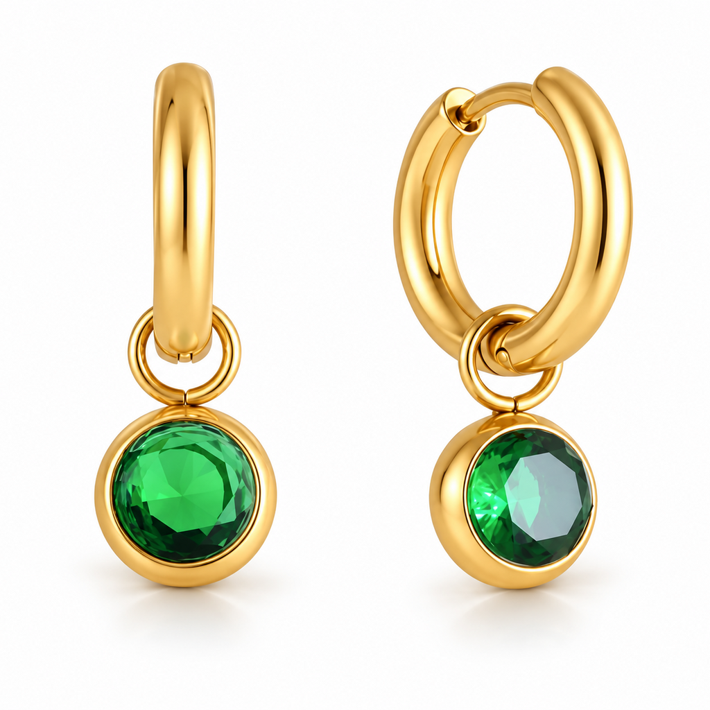 Green Gem Drop Huggie Hoop Earrings