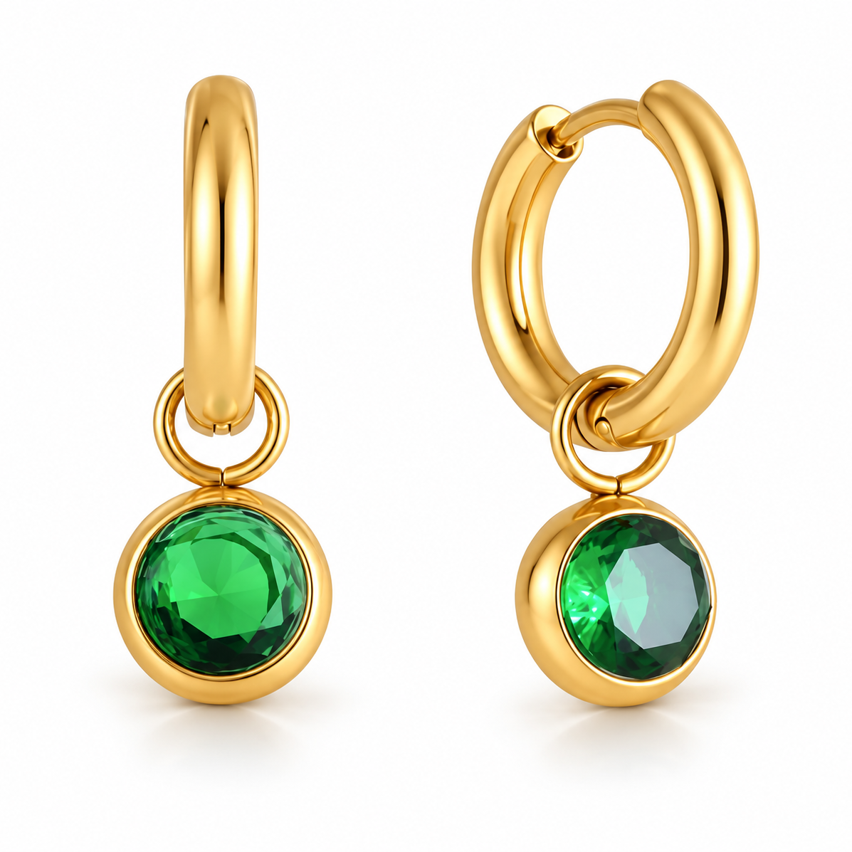 Green Gem Drop Huggie Hoop Earrings