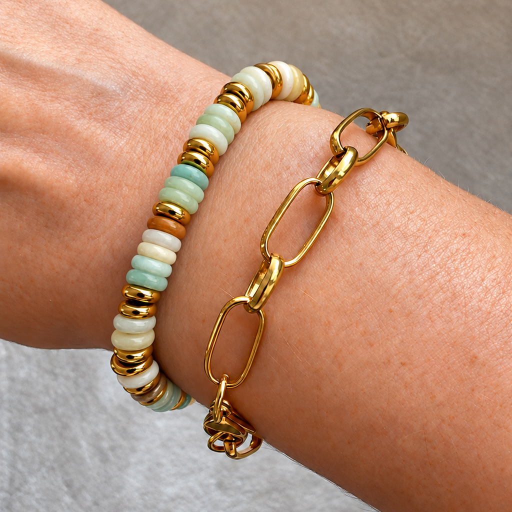 Natural Stone & Gold Bracelet in Pale Jade Green