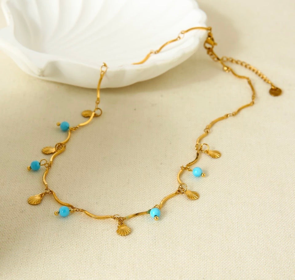 Turquoise Coloured Bead & 18K Gold Plated Shell Charm Necklace