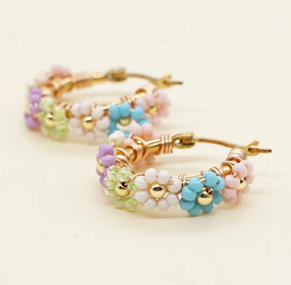Handmade Beaded Daisy Hoop Earrings