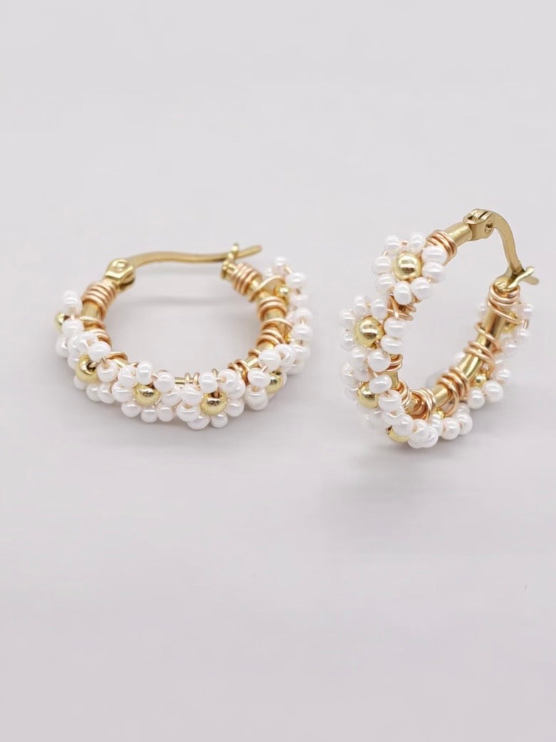 Handmade Beaded Daisy Hoop Earrings