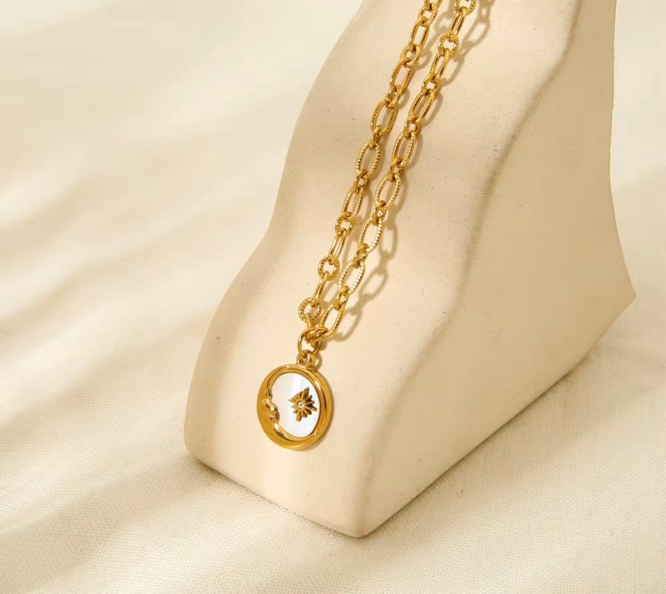 18k Gold Shell Moon & Star Pendant Necklace
