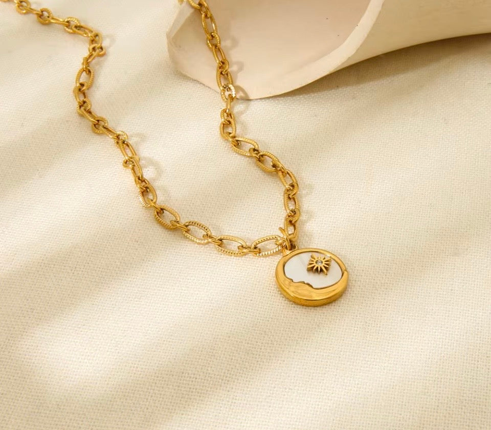 18k Gold Shell Moon & Star Pendant Necklace