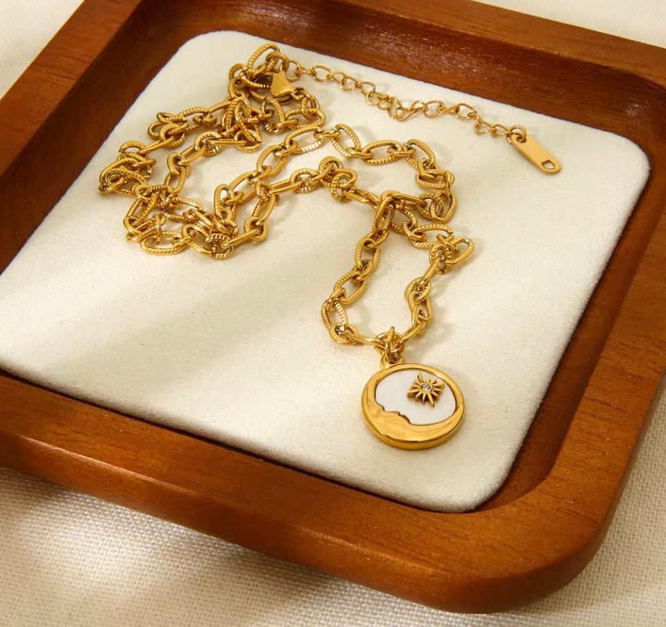 18k Gold Shell Moon & Star Pendant Necklace