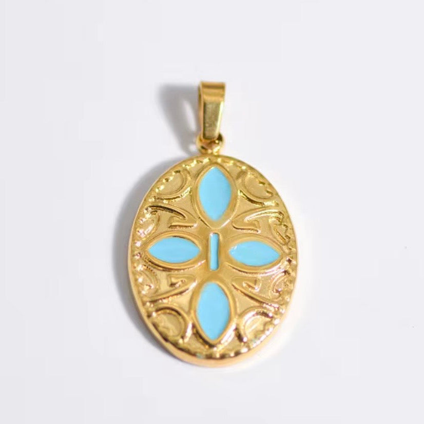 18k Gold Paperclip Necklace with Blue Sheild