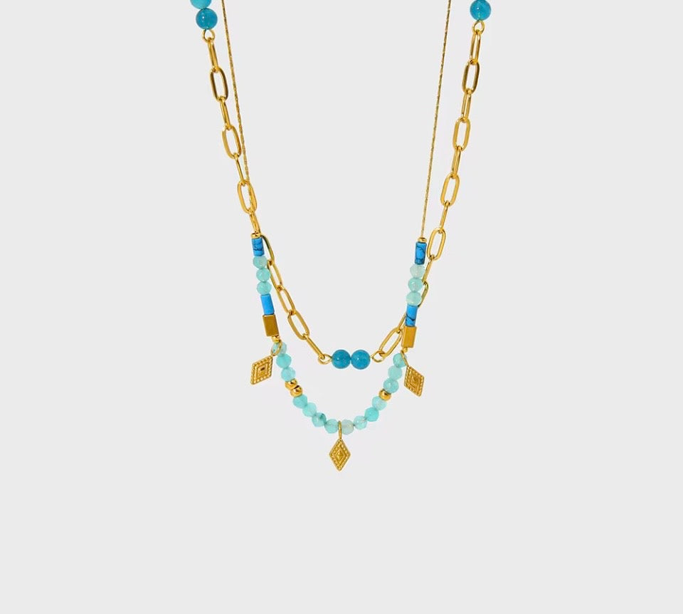 Double Layered Turquoise Stone and Gold Charm Necklace