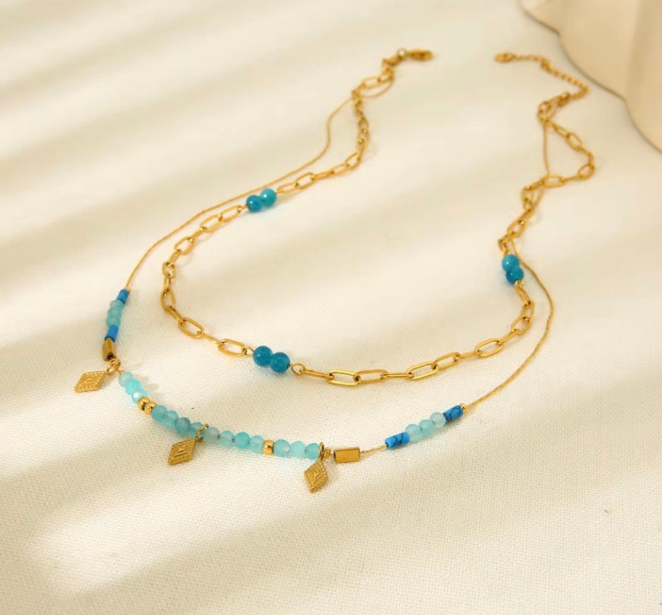 Double Layered Turquoise Stone and Gold Charm Necklace