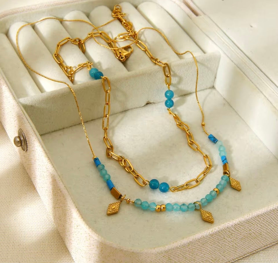 Double Layered Turquoise Stone and Gold Charm Necklace
