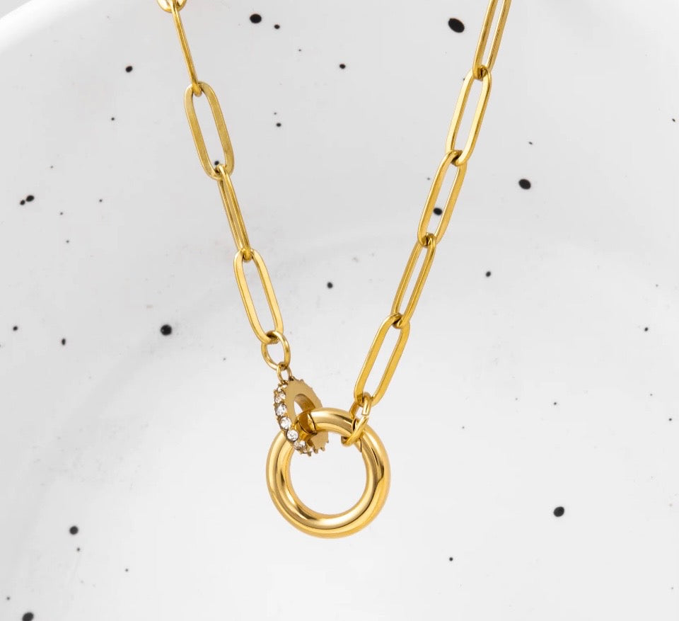18K Gold Plated Paperclip Link Necklace with Zircon Charm and Push Clasp