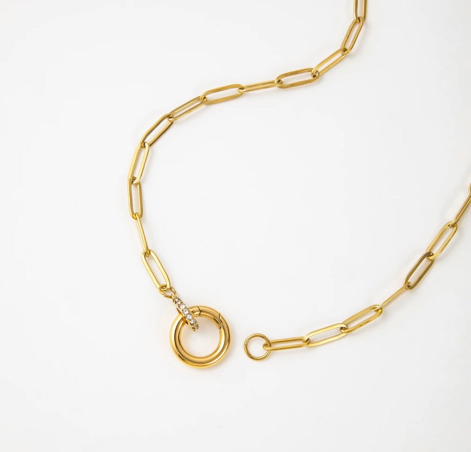 18K Gold Plated Paperclip Link Necklace with Zircon Charm and Push Clasp