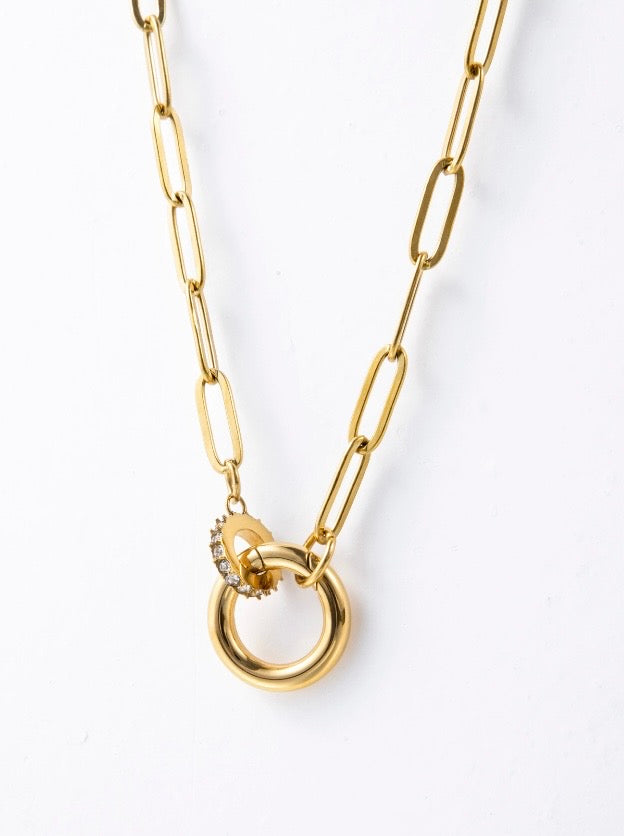 18K Gold Plated Paperclip Link Necklace with Zircon Charm and Push Clasp
