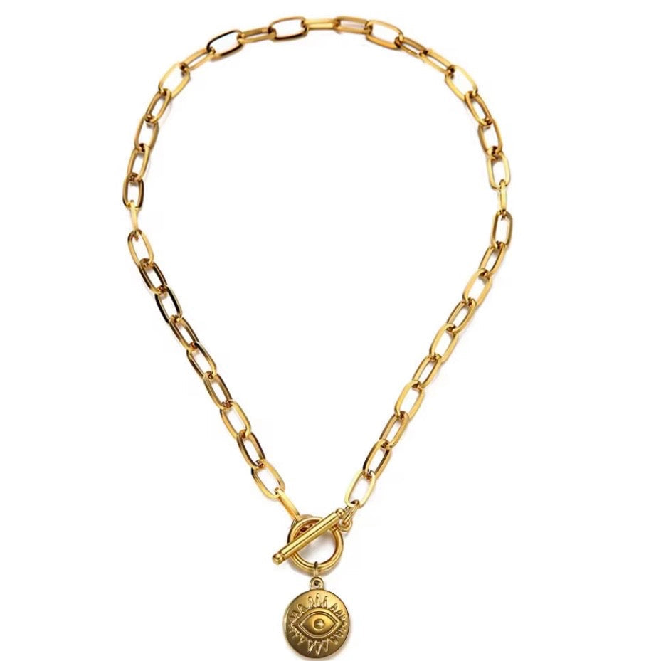 Evil Eye Pendant on 18K Gold Paperclip link chain with T-Bar front Fastening