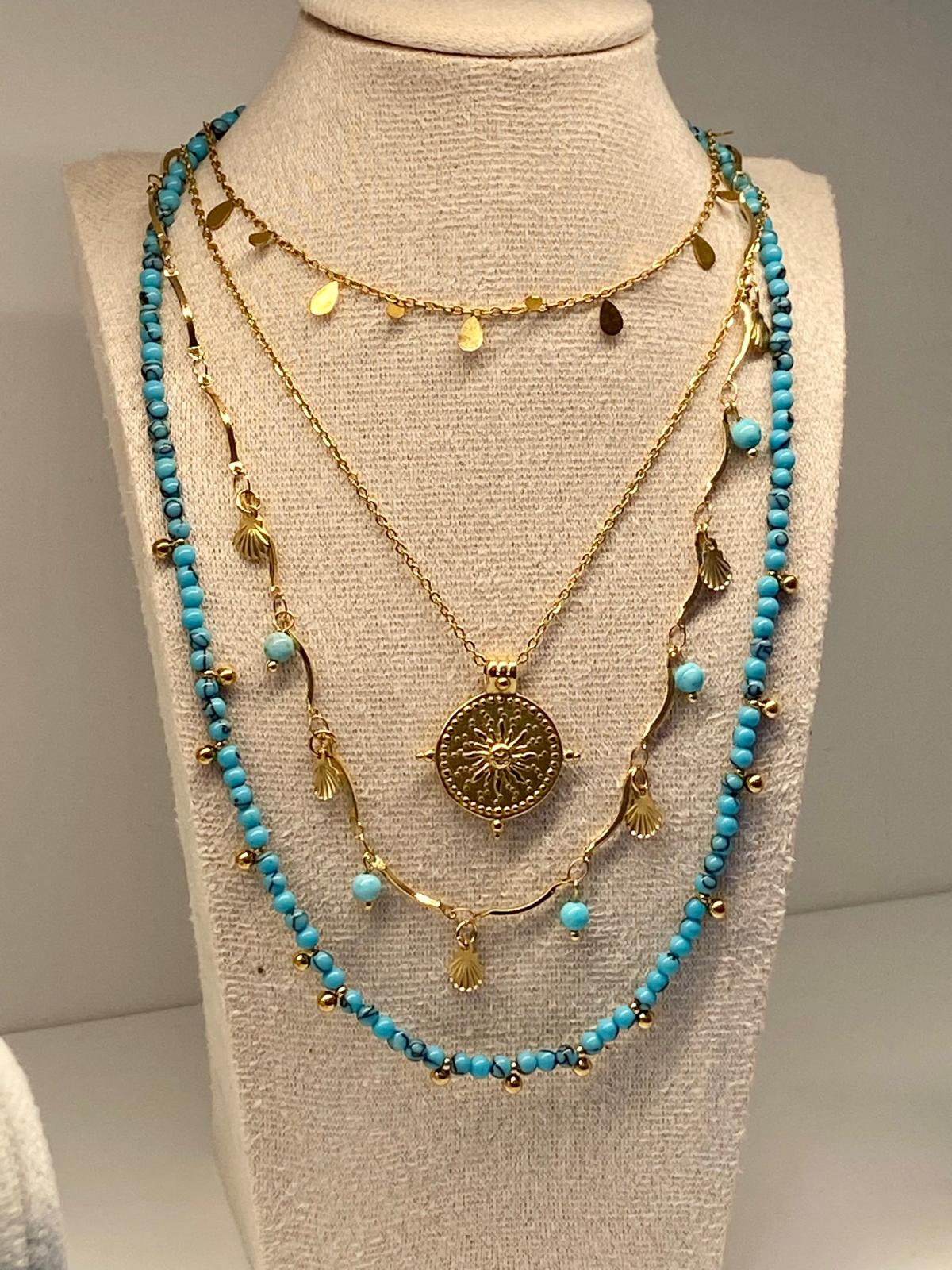 Turquoise Coloured Bead & 18K Gold Plated Shell Charm Necklace