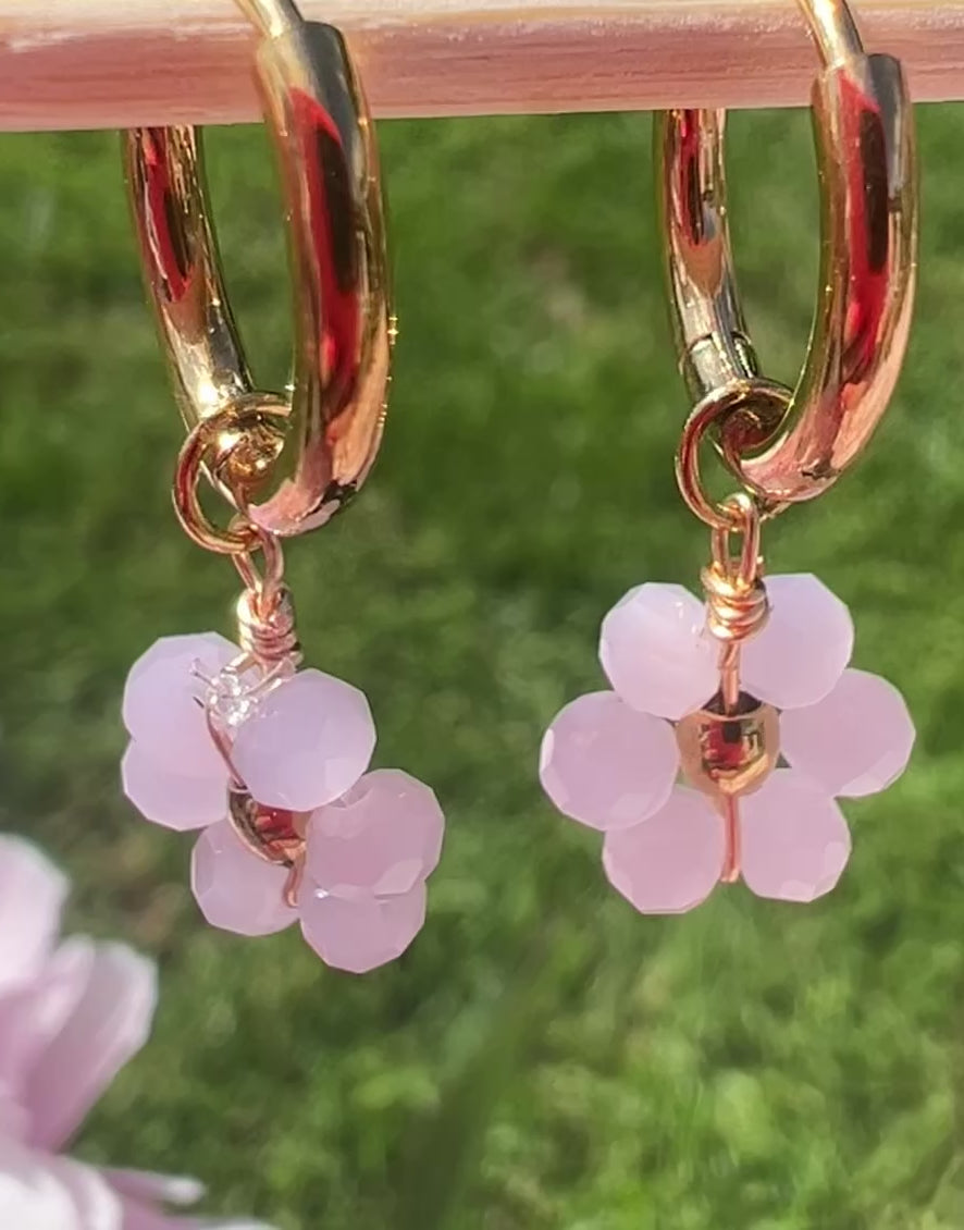 Handmade Daisy Beaded Pale Pink Hoop Earrings