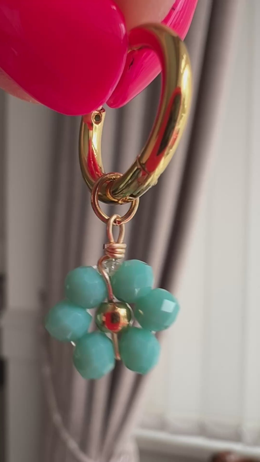 Handmade Daisy Beaded Turquoise Blue Huggie Earrings