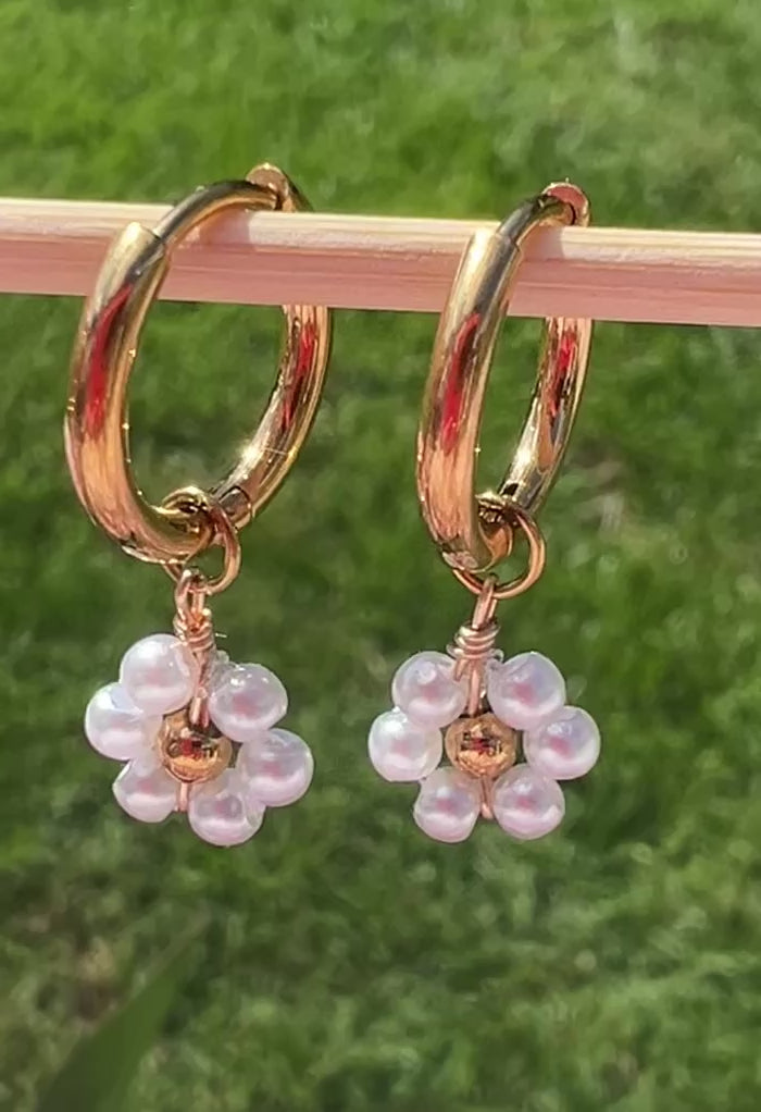 Handmade Daisy Beaded Pearl White Hoop Earrings